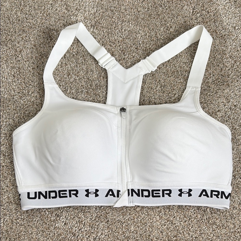 Under Armour Women's White Sports Bra Compression Front Zip Racer Back Size 36C